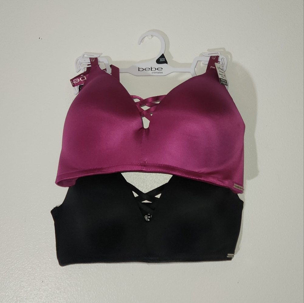 Bebe Purple and Black Plunge Gentle Lift Bralette 2pk Sz 36DD